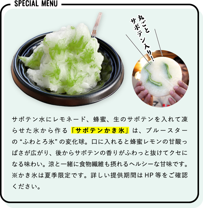 サボテン水にレモネード、蜂蜜、生のサボテンを入れて凍らせた氷から作る「サボテンかき氷」は、ブルースターの“ふわとろ氷”の変化球。口に入れると蜂蜜レモンの甘酸っぱさが広がり、後からサボテンの香りがふわっと抜けてクセになる味わい。涼と一緒に食物繊維も摂れるヘルシーな甘味です。※かき氷は夏季限定です。詳しい提供期間はHP等をご確認ください。